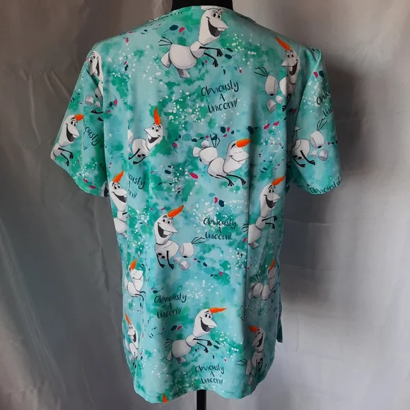 Disney Scrubs Blue Teal Scrub Top Size Med Frozen Olaf Unicorn Winter V Neck - Picture 3 of 9